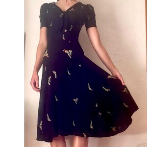 Reformation Kara Midi Dress Black with Tui Bird print Size 0